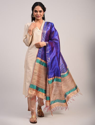 Women Blue Handloom Mulberry Silk Dupatta