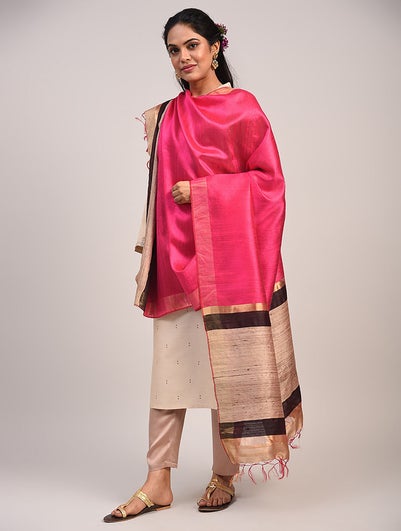 Women Pink Handloom Mulberry Silk Dupatta