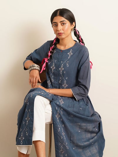 Women Blue Cotton Round Neck Regular Fit Kurta - XS