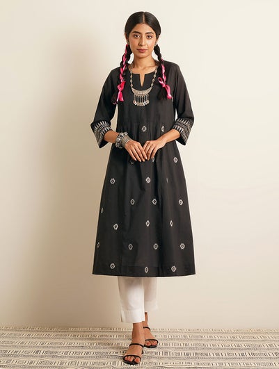 Women Black Cotton Embroidered Round Neck Dress - XS