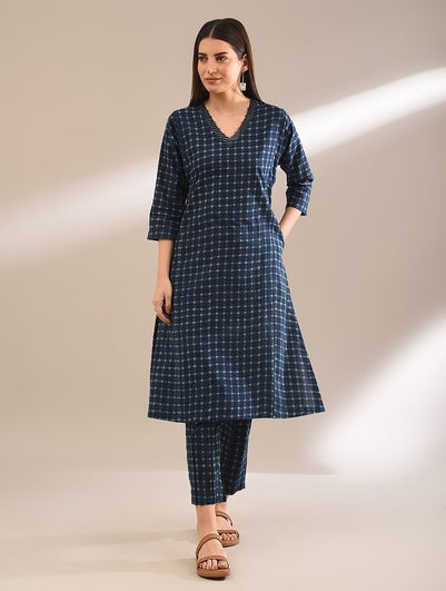 Women Indigo Natural Dyed Dabu Printed Cotton Kurta - XS