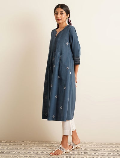 Women Blue Cotton Embroidered Round Neck Dress - XS