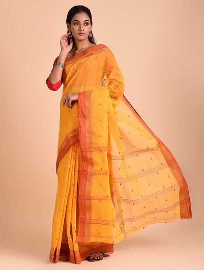 Women Orange Handloom Tangail Cotton Saree