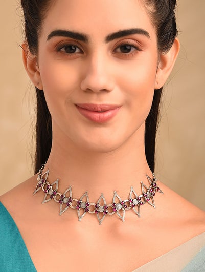 Women Maroon Tribal Silver Choker Necklace