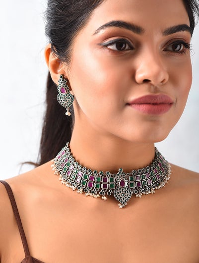 Women Pink Green Silver Tone Tribal Choker Necklace Set