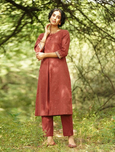 Women Maroon Red Cotton Rich Hand Embroidery Round Neck Regular Fit Kurta