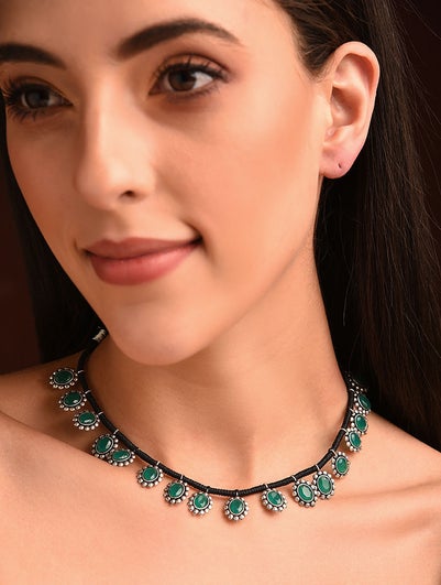 Green Silver Tone Tribal Necklace