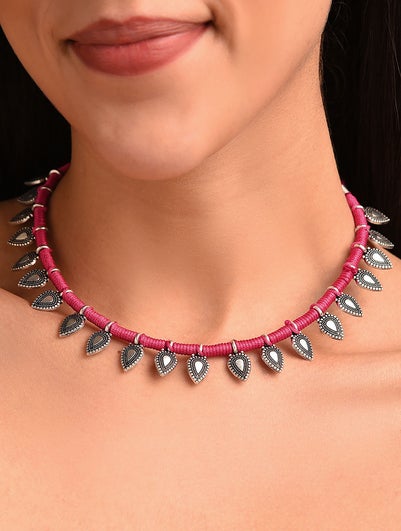 Red Silver Tone Tribal Necklace