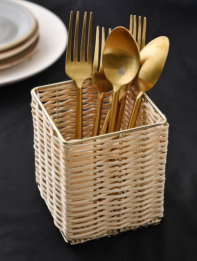 Gold Tone Rattan Cutlery Holder