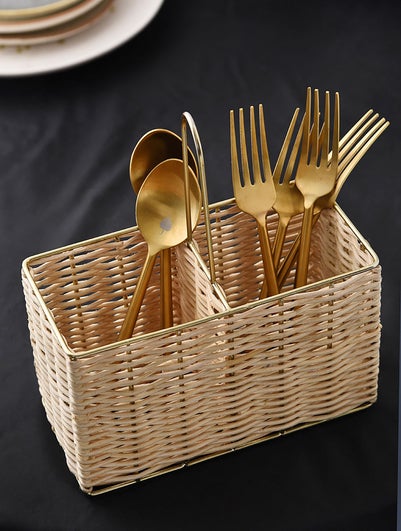 Gold Tone Double Sided Rattan Cutlery Holder