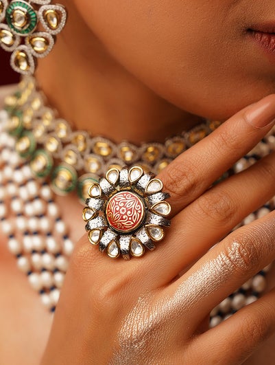 Red Silver Tone Kundan Ring