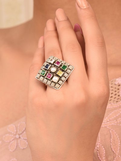 Women Multicolour Tribal Silver Ring