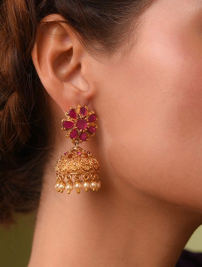 Women Red Gold Tone Temple Jhumki Earrings