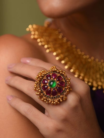 Women Red Gold Tone Temple Ring