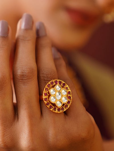 Maroon Gold Tone Temple Ring