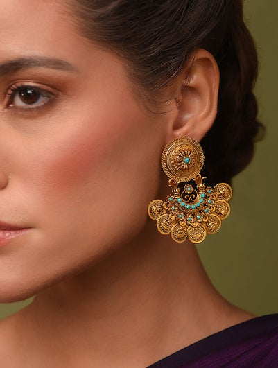 Women Turquoise Gold Tone Temple Earrings