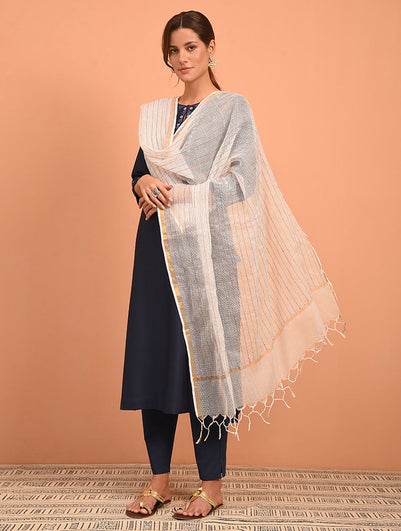 Women Off-White Kantha Embroidered Kota Cotton Dupatta