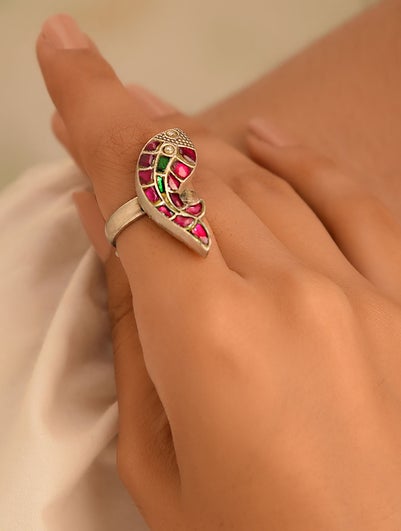 Women Pink Green Silver Adjustable Ring With Kempstone