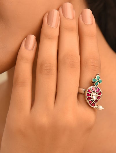 Women Pink Green Silver Adjustable Ring With Kempstone