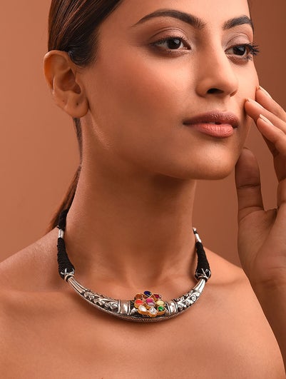 Women Navratna Dual Tone Tribal Silver Hasli Necklace