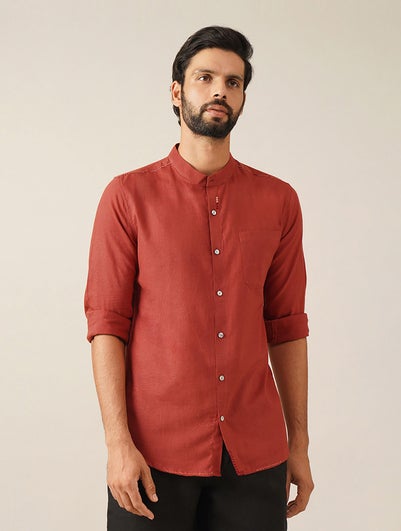 Men Maroon Red Cotton Solid Mandarin Collar Regular Fit Shirt - 38