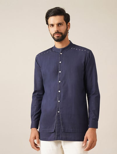 Men Indigo Blue Cotton Mandarin Collar Regular Fit Kurta - 38