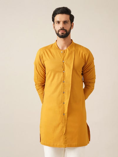 Men Mustard Yellow Cotton Mandarin Collar Regular Fit Kurta - 38