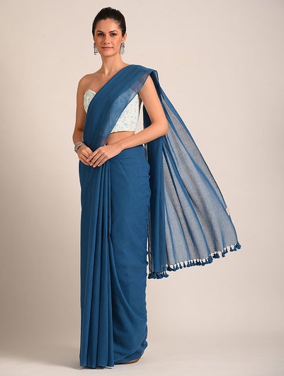 Women Blue Handwoven Cotton Saree