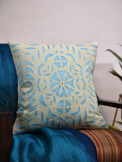 Blue And Grey Applique Mehraab Cushion Cover