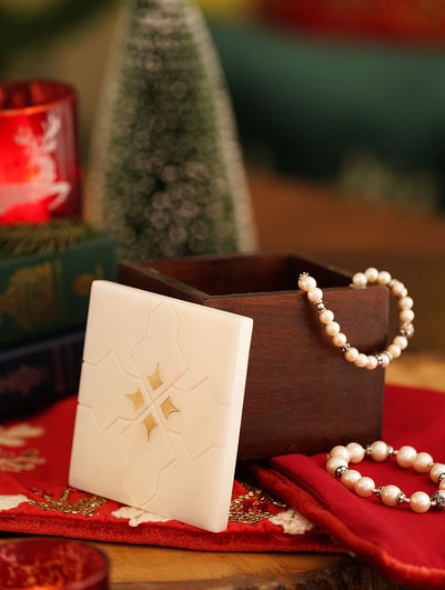 Marble And Wooden Storage Box With Brass Inlay Work