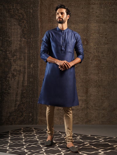 Men Indigo Blue Silk Blend Regular Fit Kurta - 38