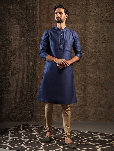 Men Indigo Blue Silk Blend Regular Fit Kurta - 44