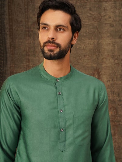 Men Emerald Green Silk Blend Regular Fit Kurta