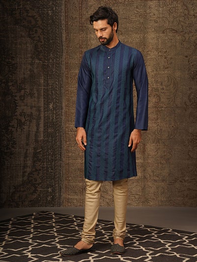 Men Indigo Blue Silk Blend Regular Fit Kurta - 38