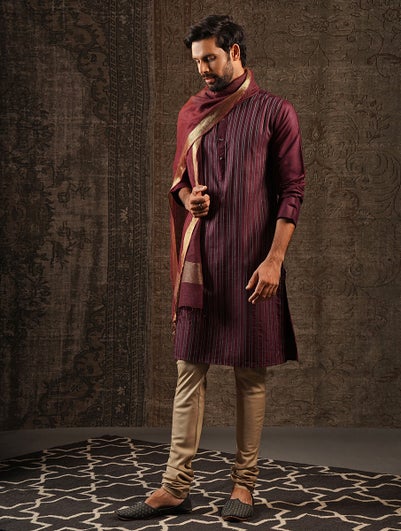 Men Wine Purple Silk Blend Mandarin Collar Regular Fit Kurta