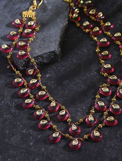 Women Red Gold Tone Foiled Kundan Layered Necklace