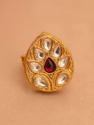 Red Gold Tone Foiled Kundan Adjustable Ring