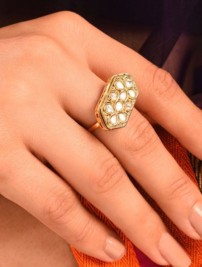 Gold Tone Foiled Kundan Adjustable Ring