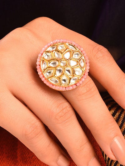 Women Pink Gold Tone Foiled Kundan Adjustable Ring