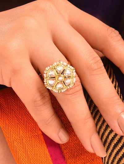 Gold Tone Foiled Kundan Adjustable Ring