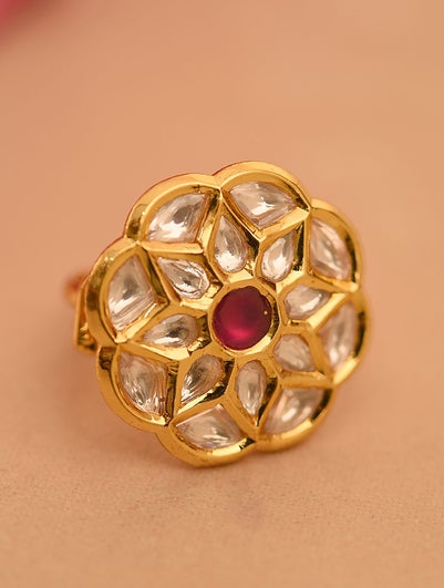 Red Gold Tone Foiled Kundan Adjustable Ring