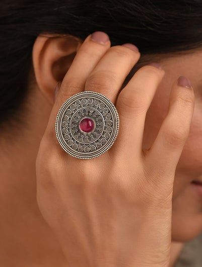 Women Red Tribal Silver Ring