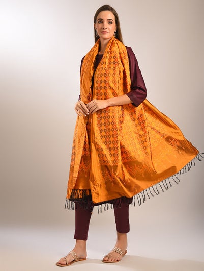 Women Yellow Handloom Ikat Silk Dupatta