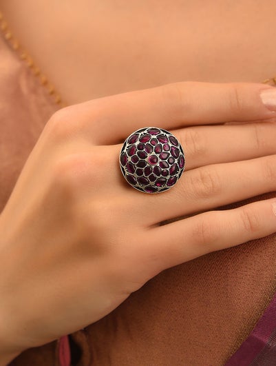 Women Red Kempstone Encrusted Adjustable Silver Ring