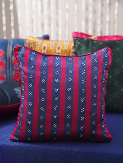 Indigo Blue Mushru Embroidered Cushion Cover