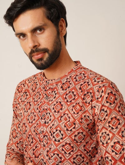 Men Multicolour Cotton Kalamkari Regular Fit Kurta