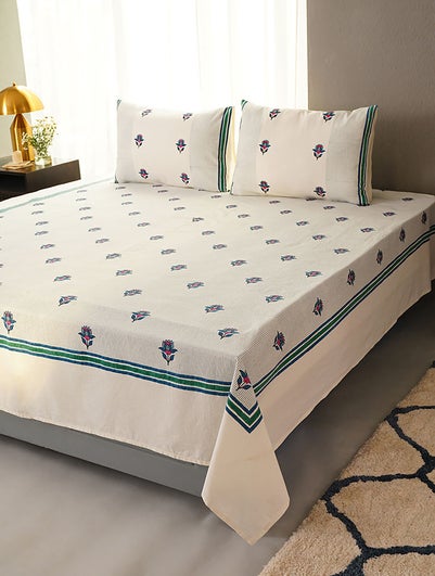 Handblock Printed Cotton Double Bedsheet With Pillow Covers