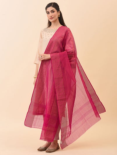 Women Pink Cotton Silk Maheshwari Dupatta