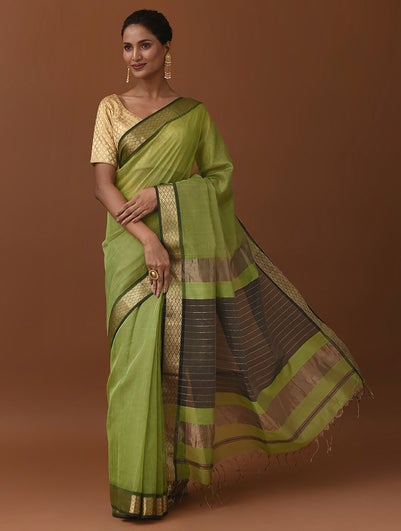 Women Green Handwoven Maheshwari Silk Cotton Saree