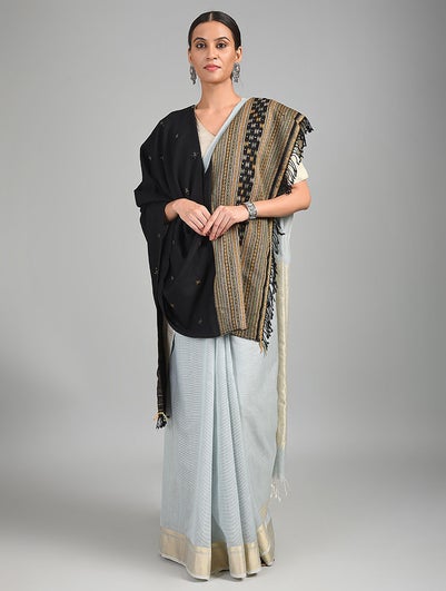 Women Black Handwoven Bhujodi Wool Shawl